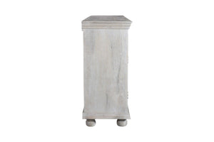 HomeRoots 102" Gray Distressed Solid Wood Sideboard - Elegant Four Drawer Storage with Floral Carvings & Doors 521375