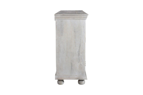 HomeRoots 102" Gray Distressed Solid Wood Sideboard - Elegant Four Drawer Storage with Floral Carvings & Doors 521375