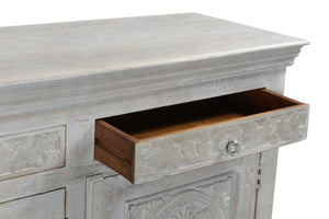 HomeRoots 102" Gray Distressed Solid Wood Sideboard - Elegant Four Drawer Storage with Floral Carvings & Doors 521375