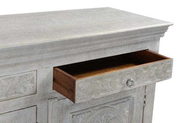 HomeRoots 102" Gray Distressed Solid Wood Sideboard - Elegant Four Drawer Storage with Floral Carvings & Doors 521375