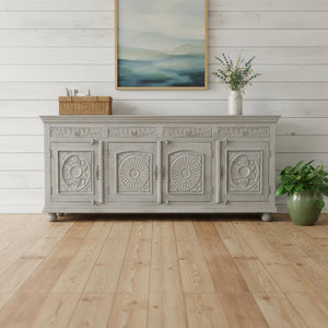 HomeRoots 102" Gray Distressed Solid Wood Sideboard - Elegant Four Drawer Storage with Floral Carvings & Doors 521375