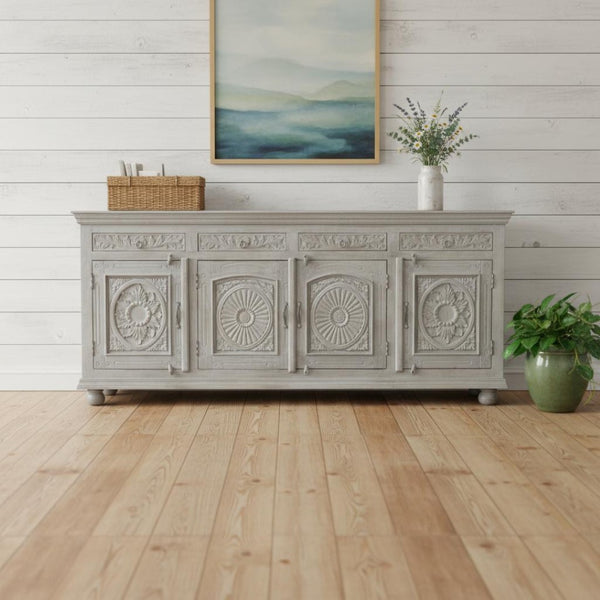 HomeRoots 102" Gray Distressed Solid Wood Sideboard - Elegant Four Drawer Storage with Floral Carvings & Doors 521375