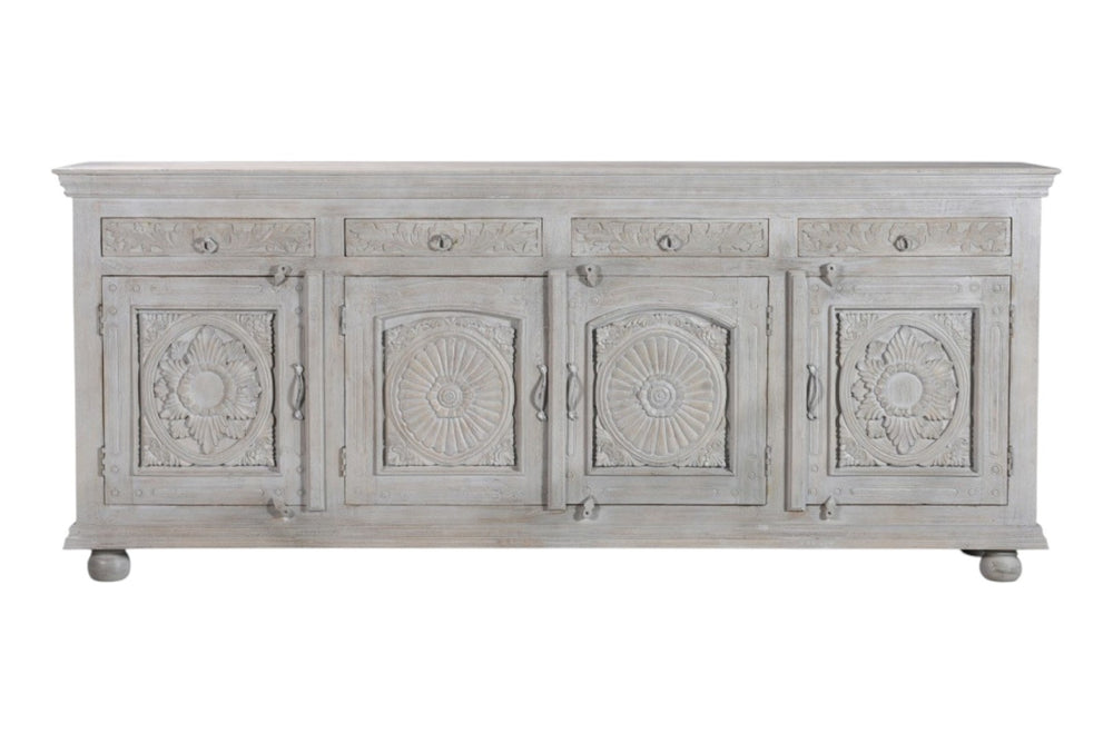 HomeRoots 102" Gray Distressed Solid Wood Sideboard - Elegant Four Drawer Storage with Floral Carvings & Doors 521375