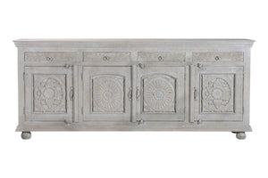 HomeRoots 102" Gray Distressed Solid Wood Sideboard - Elegant Four Drawer Storage with Floral Carvings & Doors 521375