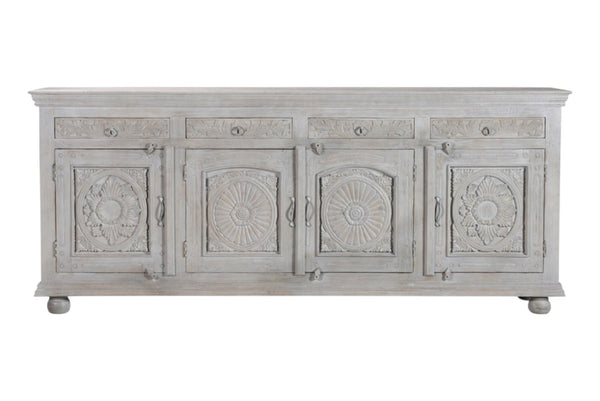 HomeRoots 102" Gray Distressed Solid Wood Sideboard - Elegant Four Drawer Storage with Floral Carvings & Doors 521375