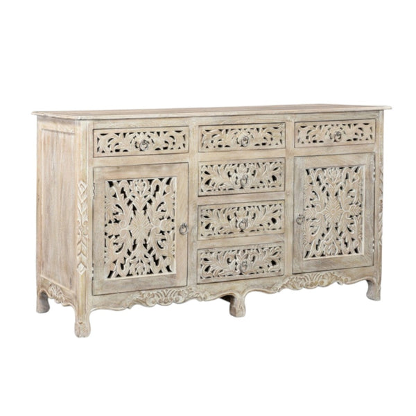HomeRoots 66" White Distressed Sideboard - Hand-Carved Floral Details, Six Drawers & Two Doors for Stylish Storage 521377