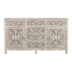 HomeRoots 66" White Distressed Sideboard - Hand-Carved Floral Details, Six Drawers & Two Doors for Stylish Storage 521377