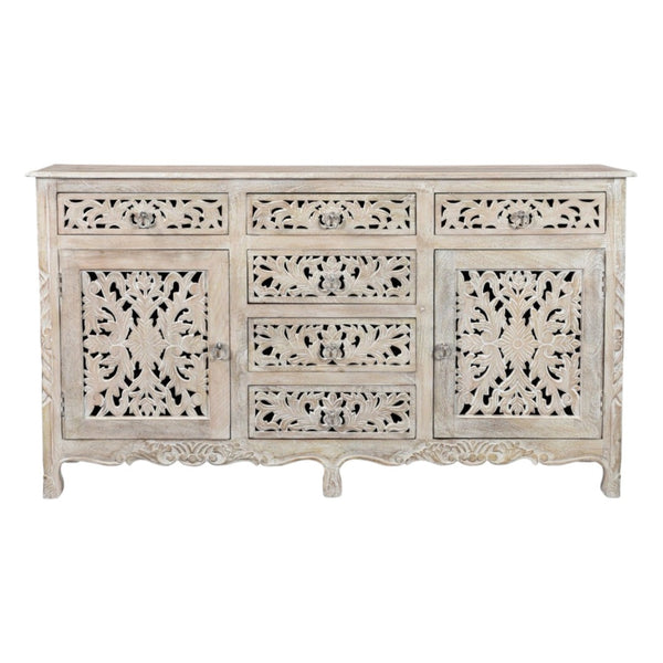 HomeRoots 66" White Distressed Sideboard - Hand-Carved Floral Details, Six Drawers & Two Doors for Stylish Storage 521377