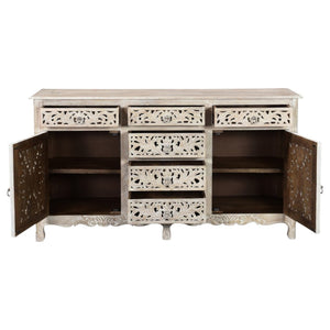 HomeRoots 66" White Distressed Sideboard - Hand-Carved Floral Details, Six Drawers & Two Doors for Stylish Storage 521377