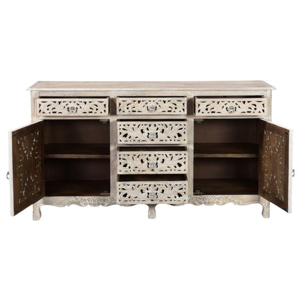 HomeRoots 66" White Distressed Sideboard - Hand-Carved Floral Details, Six Drawers & Two Doors for Stylish Storage 521377