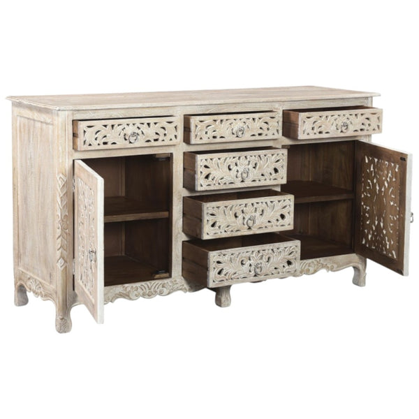 HomeRoots 66" White Distressed Sideboard - Hand-Carved Floral Details, Six Drawers & Two Doors for Stylish Storage 521377
