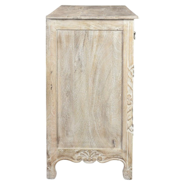HomeRoots 66" White Distressed Sideboard - Hand-Carved Floral Details, Six Drawers & Two Doors for Stylish Storage 521377