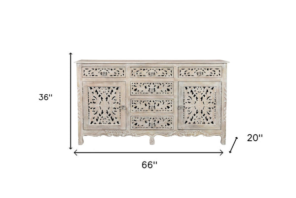 HomeRoots 66" White Distressed Sideboard - Hand-Carved Floral Details, Six Drawers & Two Doors for Stylish Storage 521377