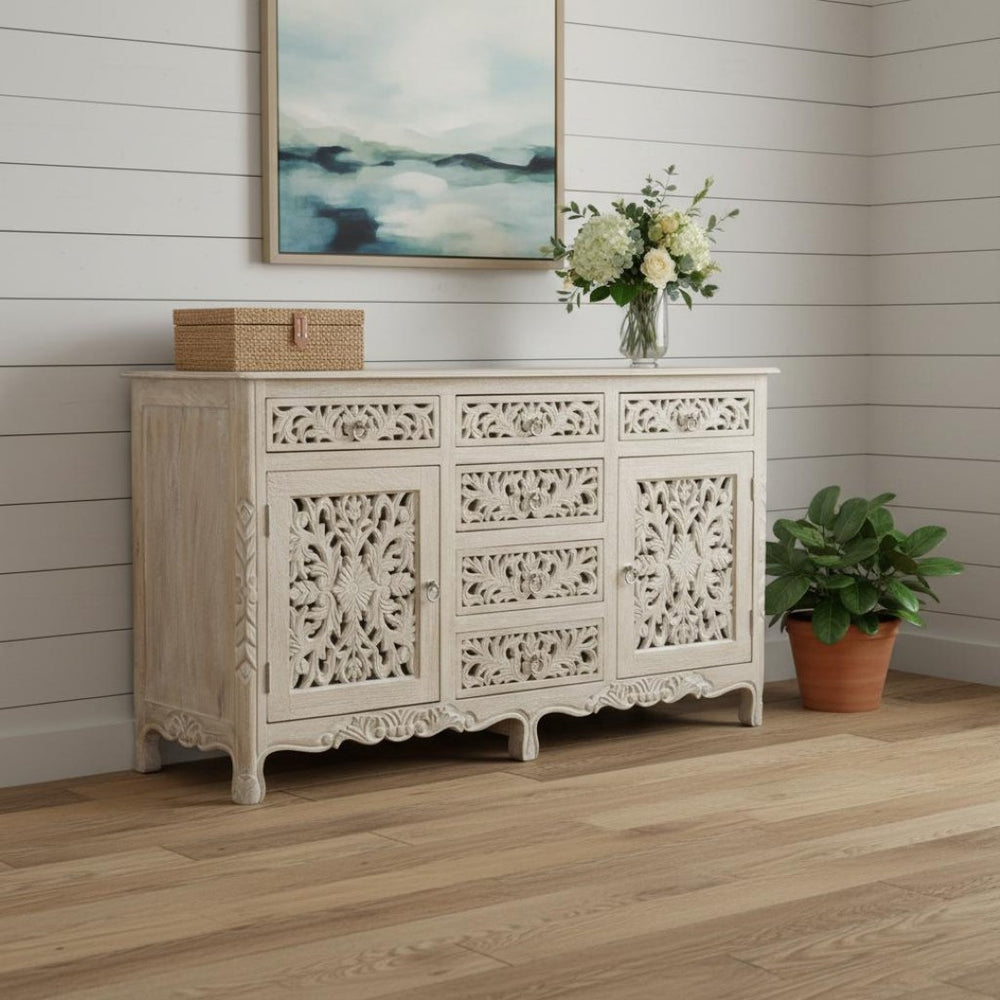 HomeRoots 66" White Distressed Sideboard - Hand-Carved Floral Details, Six Drawers & Two Doors for Stylish Storage 521377
