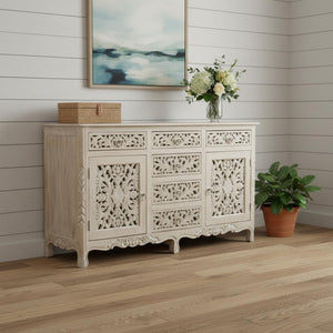 HomeRoots 66" White Distressed Sideboard - Hand-Carved Floral Details, Six Drawers & Two Doors for Stylish Storage 521377