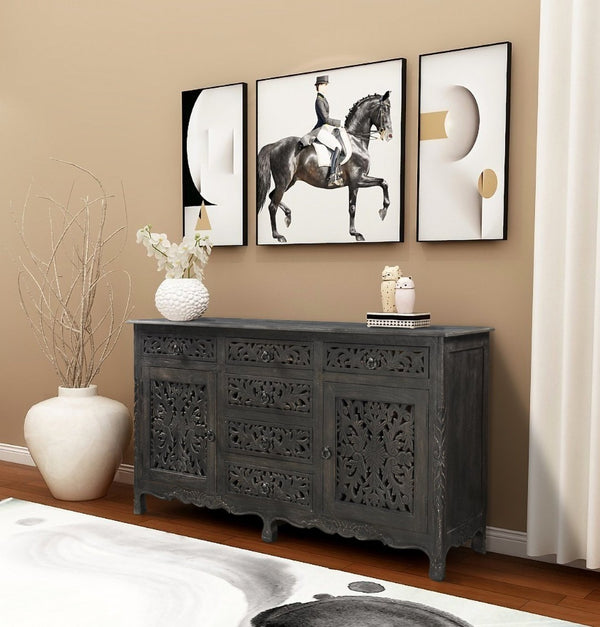 HomeRoots 66" Black Distressed Solid Wood Sideboard with Floral Carving, Six Drawers & Versatile Storage Style 521378