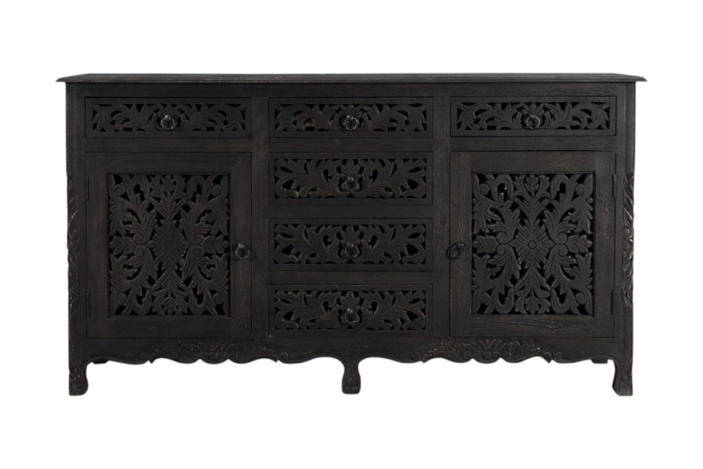 HomeRoots 66" Black Distressed Solid Wood Sideboard with Floral Carving, Six Drawers & Versatile Storage Style 521378