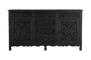 HomeRoots 66" Black Distressed Solid Wood Sideboard with Floral Carving, Six Drawers & Versatile Storage Style 521378