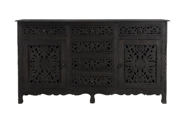 HomeRoots 66" Black Distressed Solid Wood Sideboard with Floral Carving, Six Drawers & Versatile Storage Style 521378