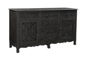 HomeRoots 66" Black Distressed Solid Wood Sideboard with Floral Carving, Six Drawers & Versatile Storage Style 521378
