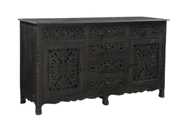 HomeRoots 66" Black Distressed Solid Wood Sideboard with Floral Carving, Six Drawers & Versatile Storage Style 521378