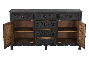 HomeRoots 66" Black Distressed Solid Wood Sideboard with Floral Carving, Six Drawers & Versatile Storage Style 521378