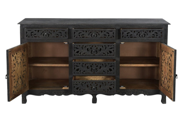 HomeRoots 66" Black Distressed Solid Wood Sideboard with Floral Carving, Six Drawers & Versatile Storage Style 521378
