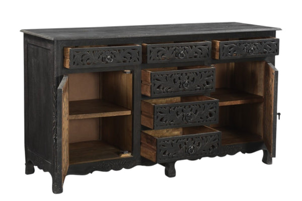 HomeRoots 66" Black Distressed Solid Wood Sideboard with Floral Carving, Six Drawers & Versatile Storage Style 521378