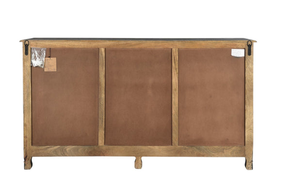 HomeRoots 66" Black Distressed Solid Wood Sideboard with Floral Carving, Six Drawers & Versatile Storage Style 521378