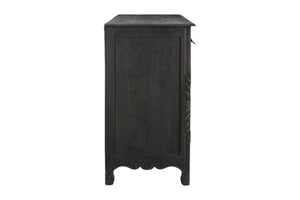 HomeRoots 66" Black Distressed Solid Wood Sideboard with Floral Carving, Six Drawers & Versatile Storage Style 521378