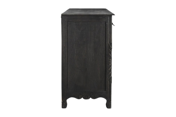 HomeRoots 66" Black Distressed Solid Wood Sideboard with Floral Carving, Six Drawers & Versatile Storage Style 521378