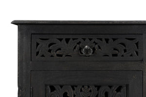 HomeRoots 66" Black Distressed Solid Wood Sideboard with Floral Carving, Six Drawers & Versatile Storage Style 521378