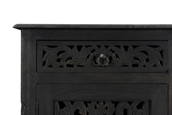 HomeRoots 66" Black Distressed Solid Wood Sideboard with Floral Carving, Six Drawers & Versatile Storage Style 521378