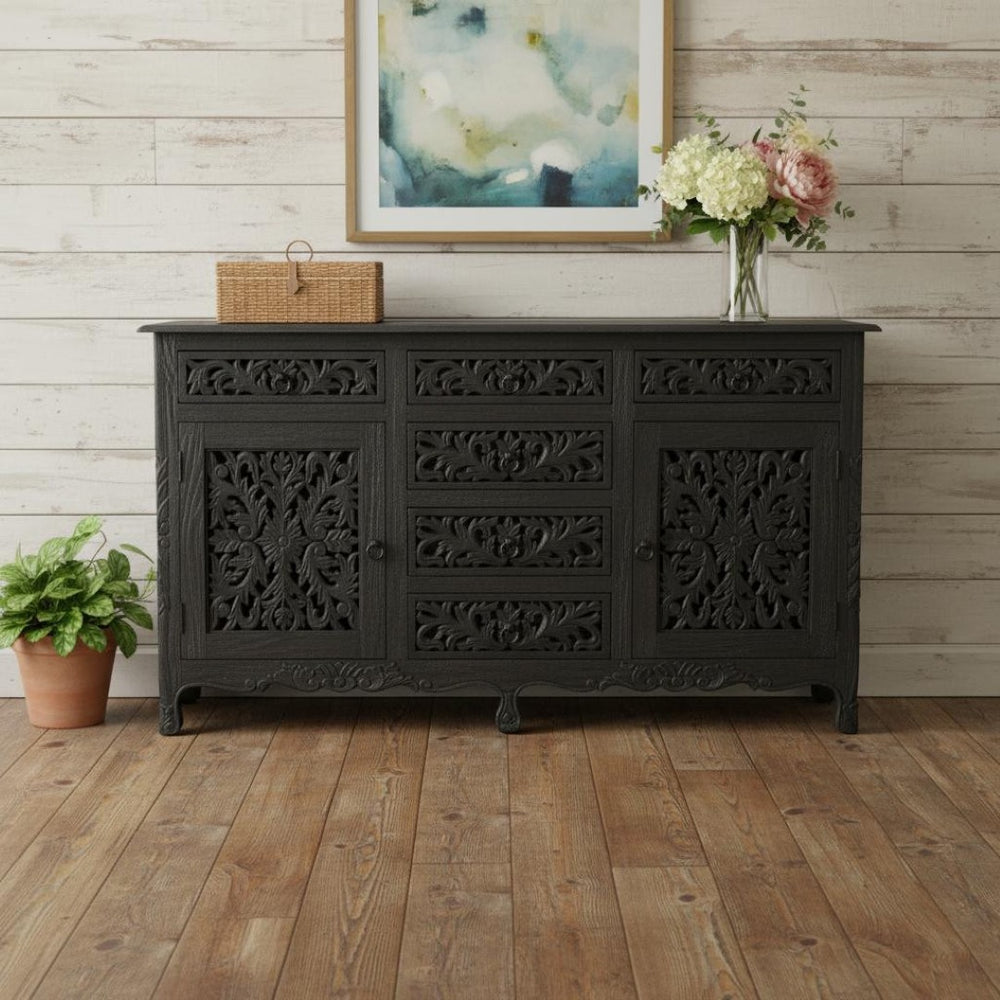 HomeRoots 66" Black Distressed Solid Wood Sideboard with Floral Carving, Six Drawers & Versatile Storage Style 521378