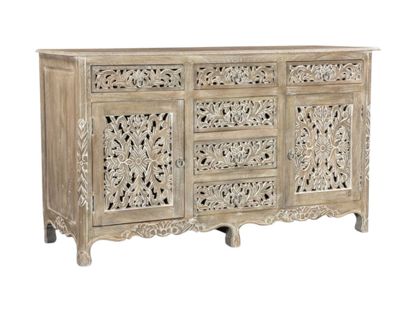 HomeRoots 66" Gray Distressed Solid Wood Sideboard with Carved Floral Design - Rustic Storage & Versatility 521379