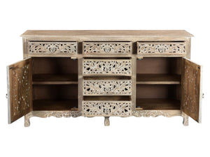 HomeRoots 66" Gray Distressed Solid Wood Sideboard with Carved Floral Design - Rustic Storage & Versatility 521379