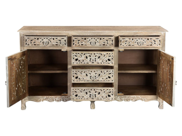 HomeRoots 66" Gray Distressed Solid Wood Sideboard with Carved Floral Design - Rustic Storage & Versatility 521379