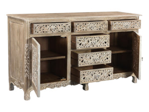 HomeRoots 66" Gray Distressed Solid Wood Sideboard with Carved Floral Design - Rustic Storage & Versatility 521379