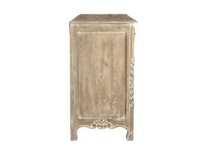 HomeRoots 66" Gray Distressed Solid Wood Sideboard with Carved Floral Design - Rustic Storage & Versatility 521379