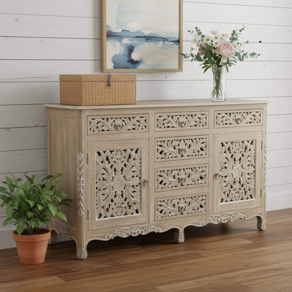 HomeRoots 66" Gray Distressed Solid Wood Sideboard with Carved Floral Design - Rustic Storage & Versatility 521379
