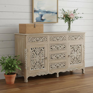 HomeRoots 66" Gray Distressed Solid Wood Sideboard with Carved Floral Design - Rustic Storage & Versatility 521379