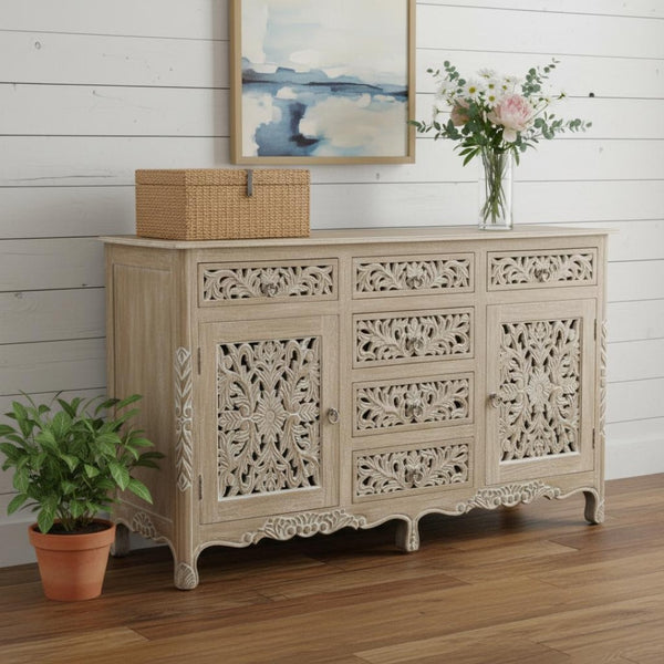 HomeRoots 66" Gray Distressed Solid Wood Sideboard with Carved Floral Design - Rustic Storage & Versatility 521379