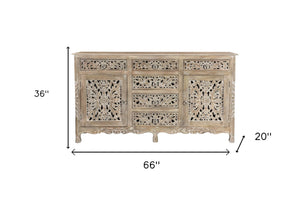 HomeRoots 66" Gray Distressed Solid Wood Sideboard with Carved Floral Design - Rustic Storage & Versatility 521379