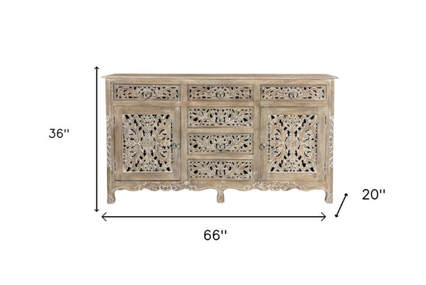 HomeRoots 66" Gray Distressed Solid Wood Sideboard with Carved Floral Design - Rustic Storage & Versatility 521379
