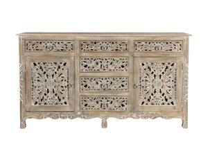 HomeRoots 66" Gray Distressed Solid Wood Sideboard with Carved Floral Design - Rustic Storage & Versatility 521379