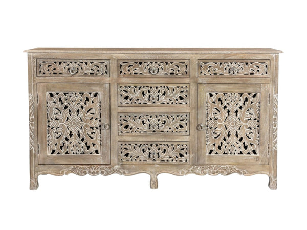 HomeRoots 66" Gray Distressed Solid Wood Sideboard with Carved Floral Design - Rustic Storage & Versatility 521379