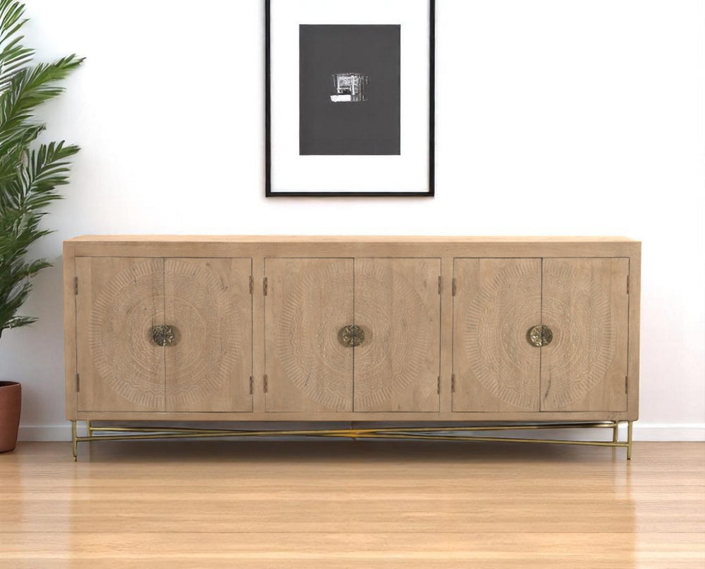HomeRoots 95" Solid Wood Carved Geometric Sideboard in Antiqued Gold - Elegant Storage for Any Space! 521383