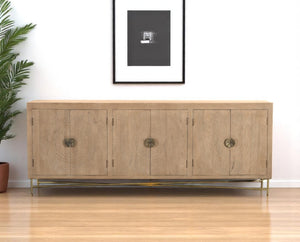 HomeRoots 95" Solid Wood Carved Geometric Sideboard in Antiqued Gold - Elegant Storage for Any Space! 521383