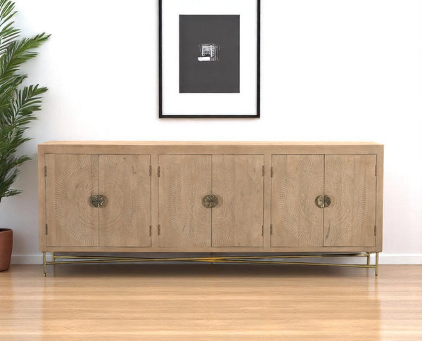 HomeRoots 95" Solid Wood Carved Geometric Sideboard in Antiqued Gold - Elegant Storage for Any Space! 521383