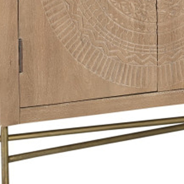 HomeRoots 95" Solid Wood Carved Geometric Sideboard in Antiqued Gold - Elegant Storage for Any Space! 521383
